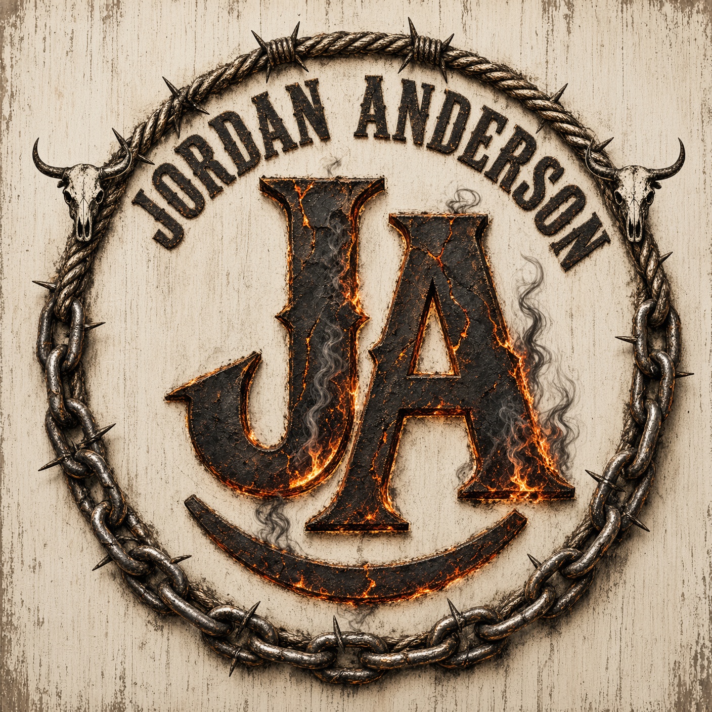Rocking JA brand mark — charred JA with rocker, barbed rope and rusted chain circle, steer skulls, Jordan Anderson arched on weathered wood